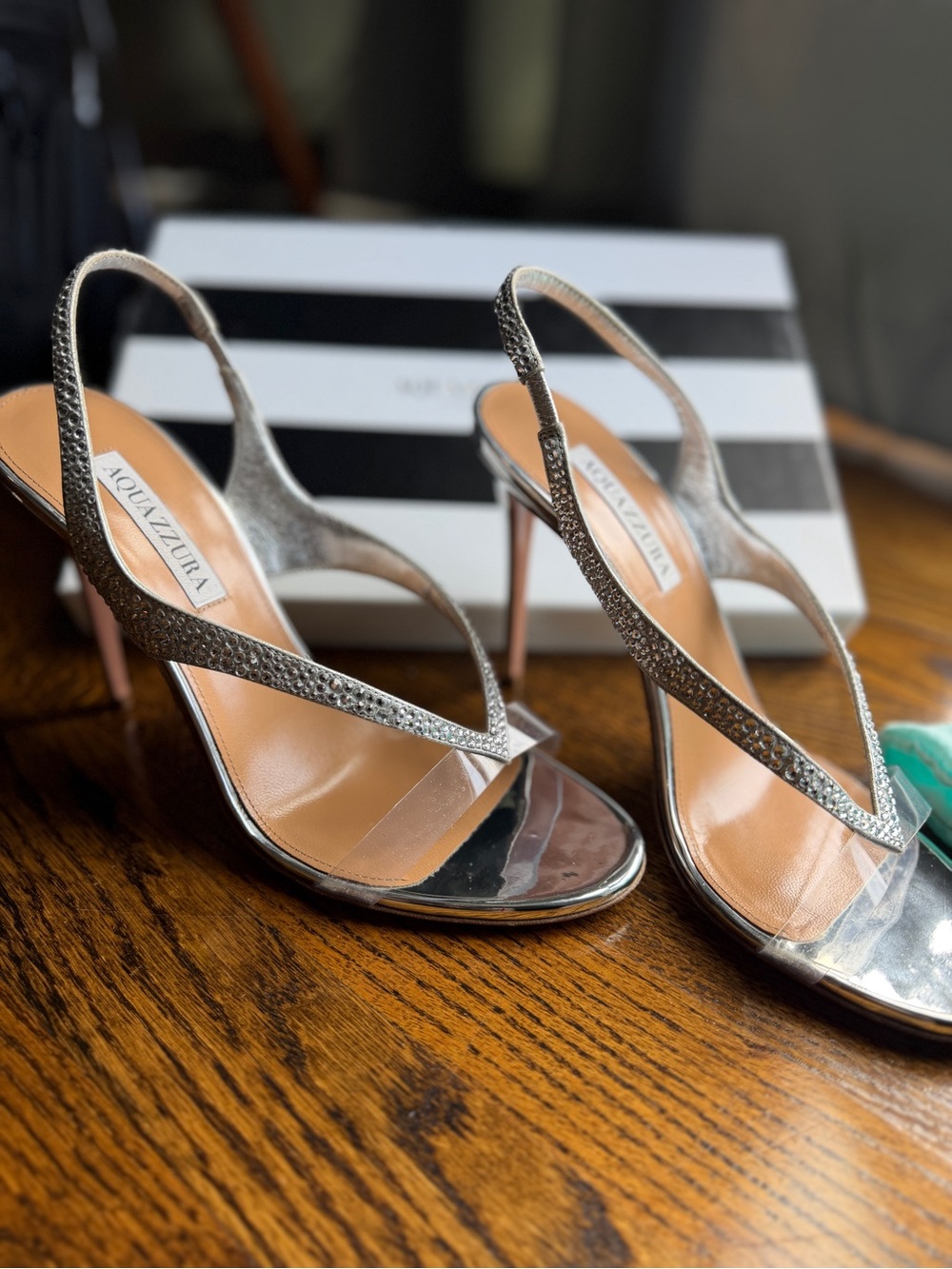 Aquazzura Izzy Metallic Strass Silver Slingback Cocktail Sandals Size 39 - Picture 5 of 9
